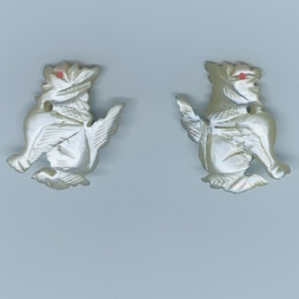 Authentic Chinese Qing Dynasty-Rebublic Mother of Pearl Foo Dog  Lions Earrings